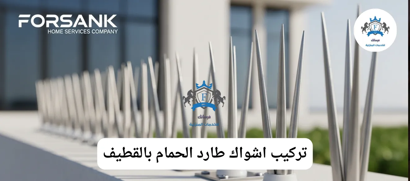 صورة مقربة لأشواك طاردة للحمام من الفولاذ المقاوم للصدأ مثبتة بإحكام على حافة سطح مبنى في القطيف